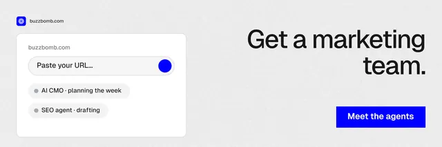 X header for BuzzBomb: "Get a marketing team." Swiss style, right layout, light palette in white, blue.