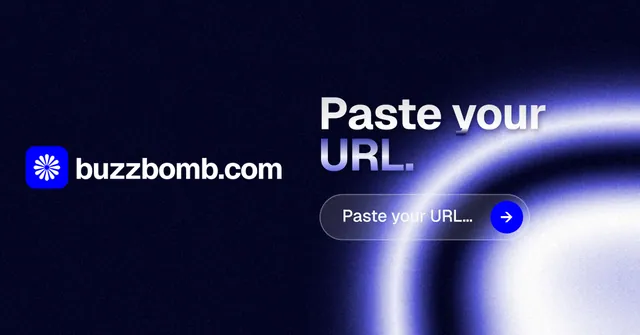 Social ad for BuzzBomb: "Paste your URL." Agentic glass style, logo hero layout, dark palette in black, blue.