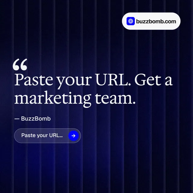 Instagram post for BuzzBomb: "Your AI marketing team." Agentic glass style, quote layout, dark palette in black, blue, grey.