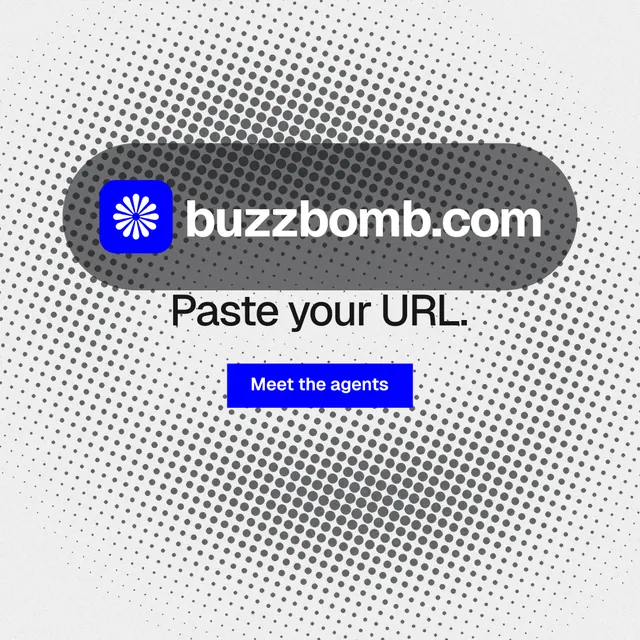 Instagram post for BuzzBomb: "Paste your URL." Swiss style, logo hero layout, light palette in grey, white.