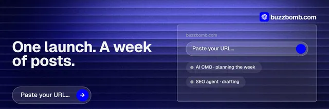 X header for BuzzBomb: "One launch. A week of posts." Agentic glass style, bottom layout, dark palette in blue.