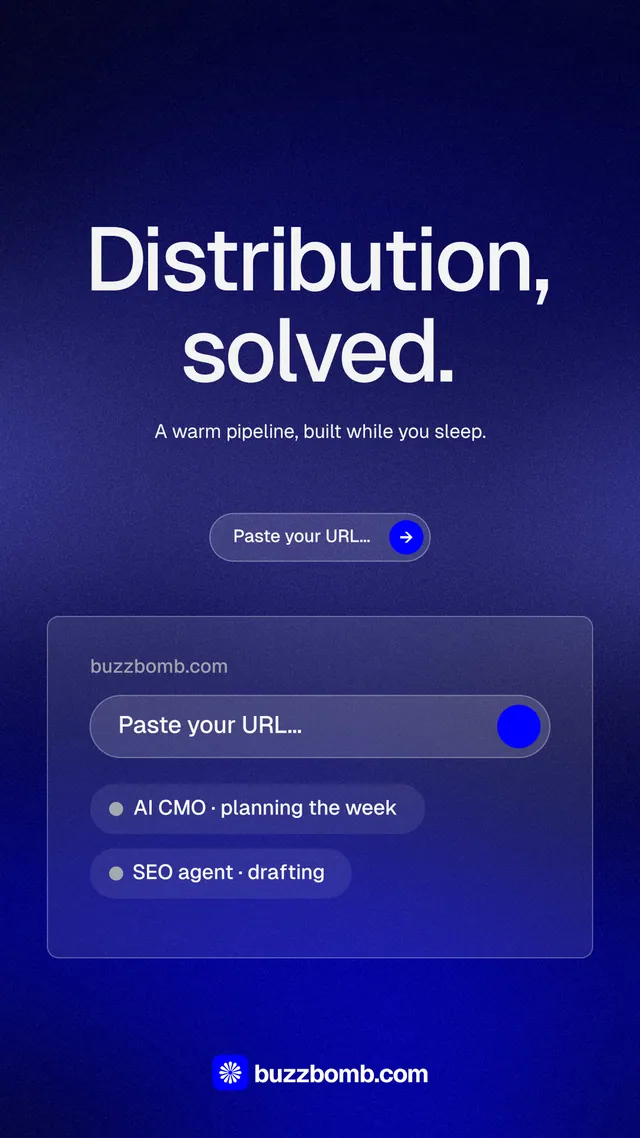 Instagram story for BuzzBomb: "Distribution, solved." Agentic glass style, centred layout, dark palette in blue.