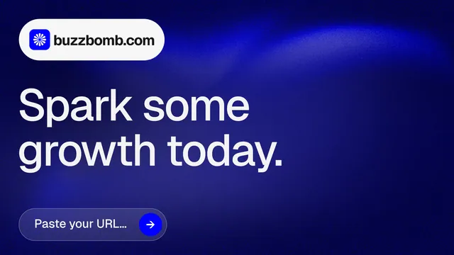 Landscape graphic for BuzzBomb: "Spark some growth today." Agentic glass style, announce layout, dark palette in blue, grey.