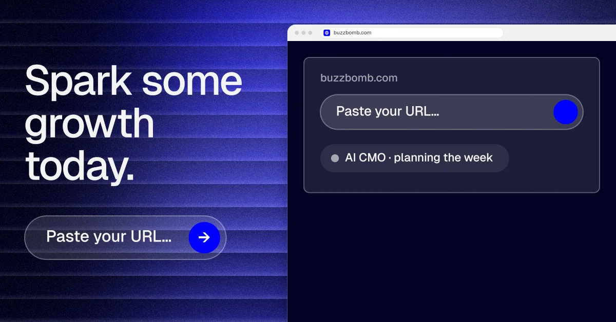 Social ad for BuzzBomb: "Spark some growth today." Agentic glass style, browser layout, dark palette in black, blue.
