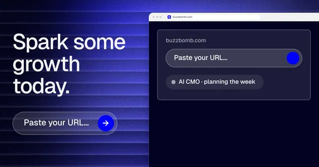 Social ad for BuzzBomb: "Spark some growth today." Agentic glass style, browser layout, dark palette in black, blue.