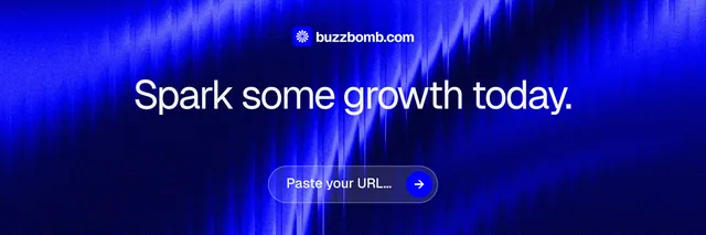 X header for BuzzBomb: "Spark some growth today." Agentic glass style, centred layout, dark palette in blue.
