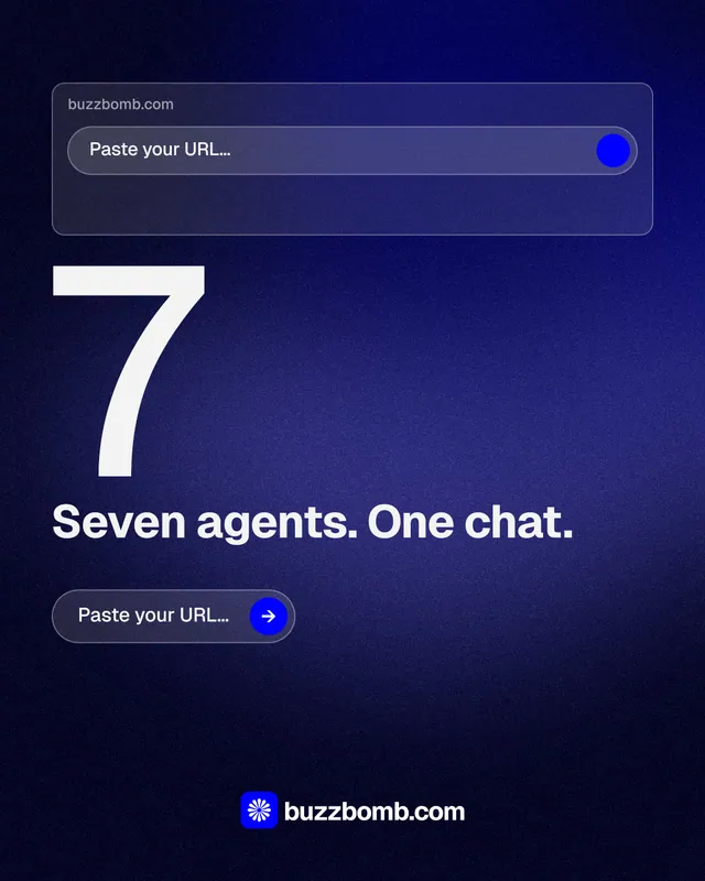 Instagram portrait post for BuzzBomb: "One launch. A week of posts." Agentic glass style, stat layout, dark palette in black, blue.