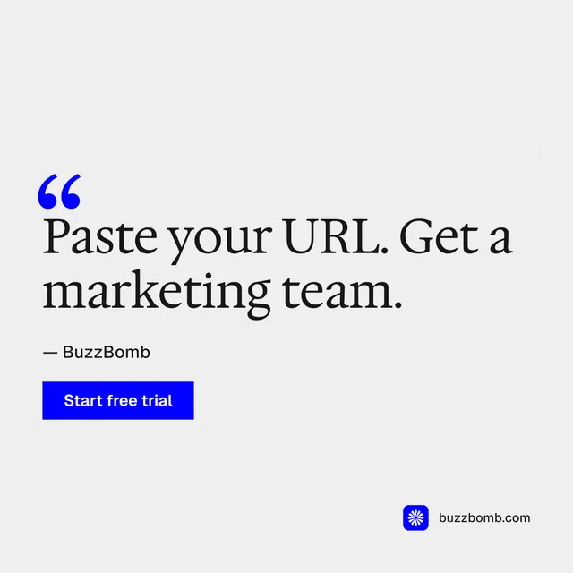 Instagram post for BuzzBomb: "One launch. A week of posts." Swiss style, quote layout, light palette in white, blue.
