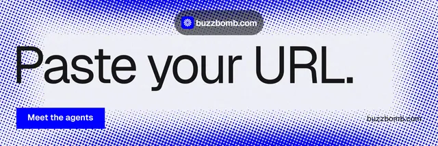 X header for BuzzBomb: "Paste your URL." Split block style, poster layout, light palette in blue, white.