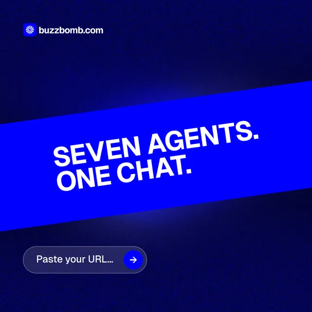 Instagram post for BuzzBomb: "Seven agents. One chat." Agentic glass style, diagonal layout, dark palette in blue.