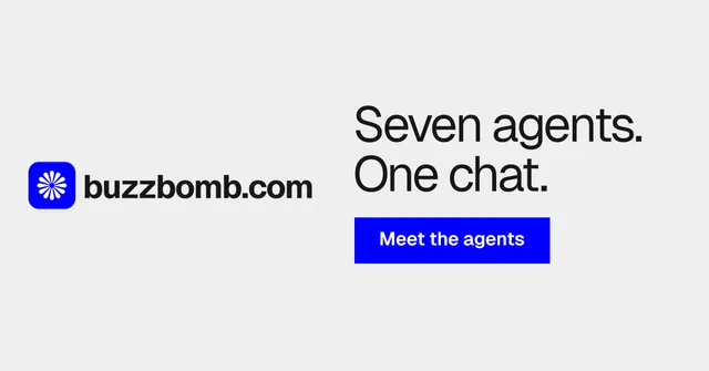 Social ad for BuzzBomb: "Seven agents. One chat." Swiss style, logo hero layout, light palette in white, blue.
