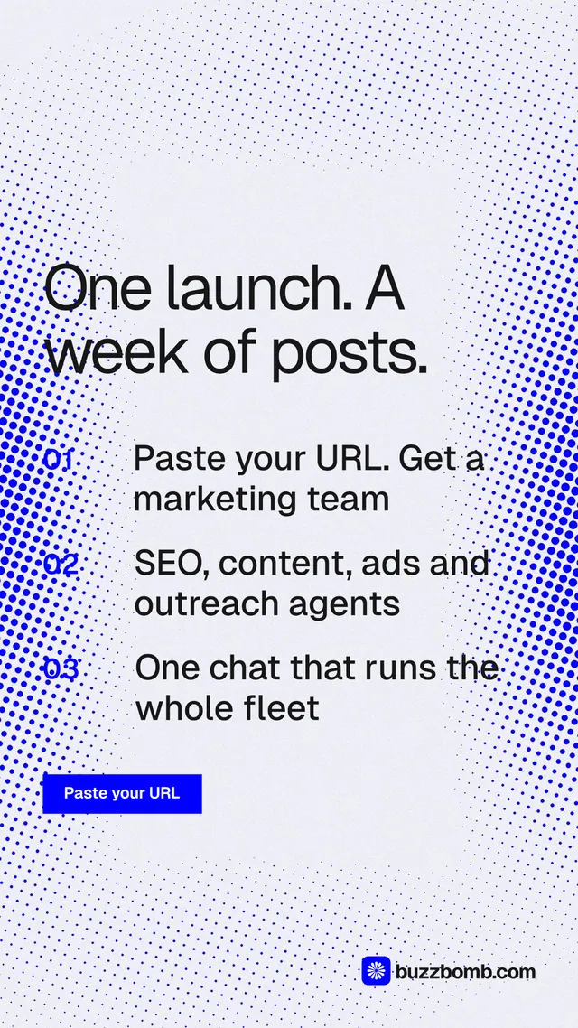 Instagram story for BuzzBomb: "One launch. A week of posts." Swiss style, numbered layout, light palette in white, blue.