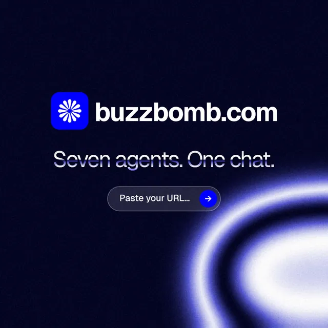 Instagram post for BuzzBomb: "Seven agents. One chat." Agentic glass style, logo hero layout, dark palette in black, blue.