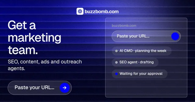 Social ad for BuzzBomb: "Get a marketing team." Agentic glass style, bottom layout, dark palette in black, blue.