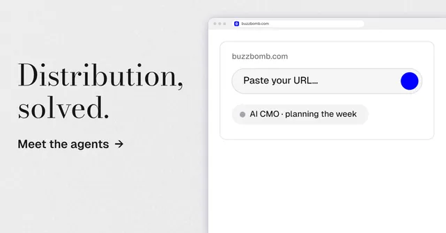 Social ad for BuzzBomb: "Distribution, solved." Minimal luxury style, browser layout, light palette in white.