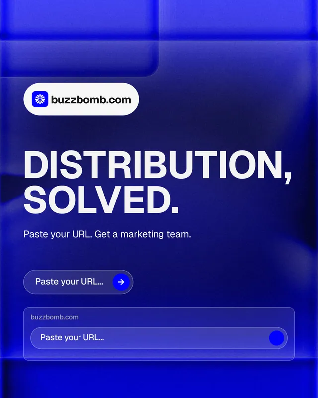 Instagram portrait post for BuzzBomb: "Distribution, solved." Agentic glass style, announce layout, dark palette in blue.