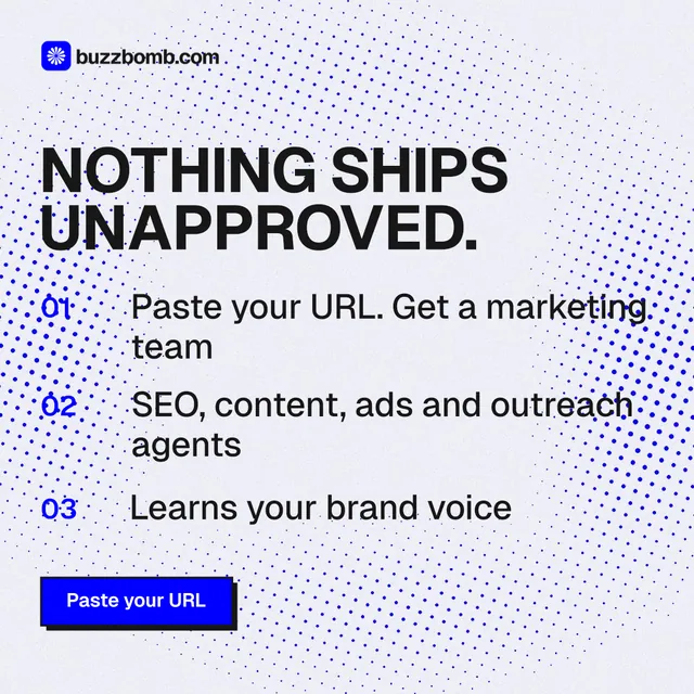 Instagram post for BuzzBomb: "Nothing ships unapproved." Brutalist style, numbered layout, light palette in blue, white, grey.