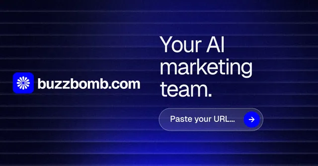 Social ad for BuzzBomb: "Your AI marketing team." Agentic glass style, logo hero layout, dark palette in black, blue.
