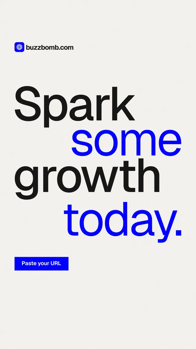 Instagram story for BuzzBomb: "Spark some growth today." Swiss style, stacked layout, light palette in white, blue.