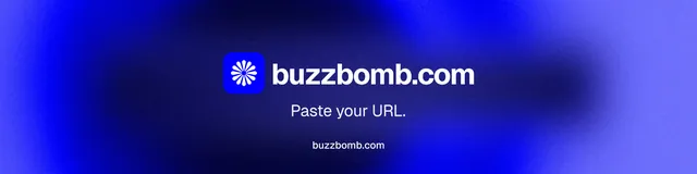 LinkedIn banner for BuzzBomb: "Paste your URL." Agentic glass style, end card layout, dark palette in blue.