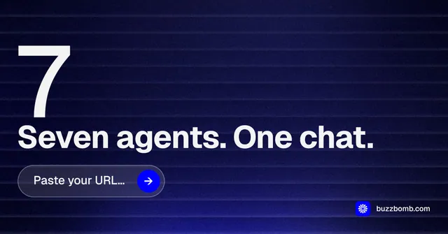 Social ad for BuzzBomb: "Get a marketing team." Agentic glass style, stat layout, dark palette in blue, black, grey.