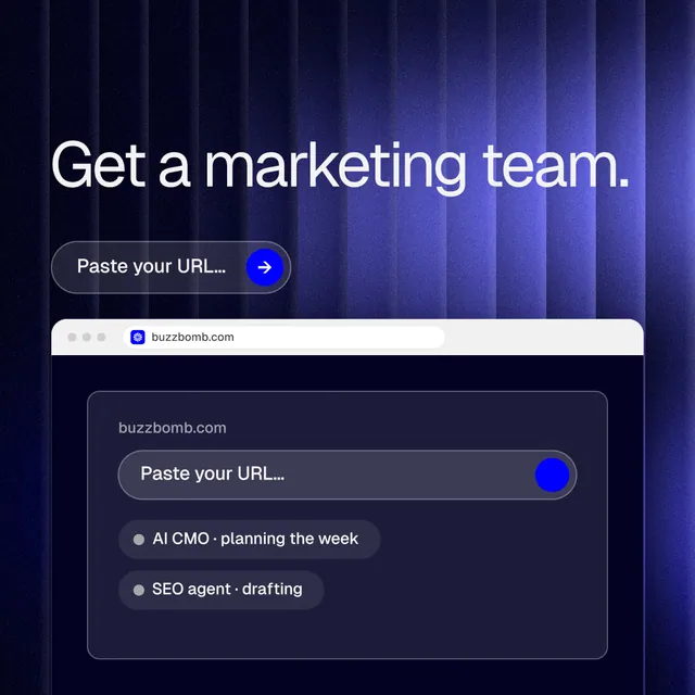 Instagram post for BuzzBomb: "Get a marketing team." Agentic glass style, browser layout, dark palette in blue, black.