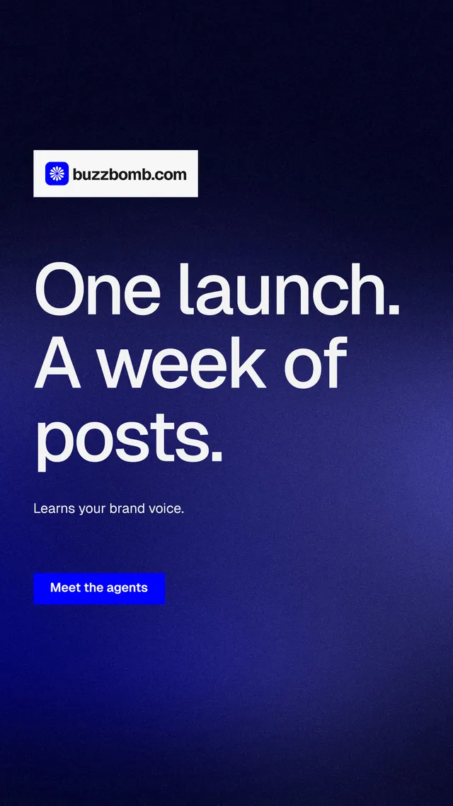 Instagram story for BuzzBomb: "One launch. A week of posts." Swiss style, announce layout, dark palette in black, blue.