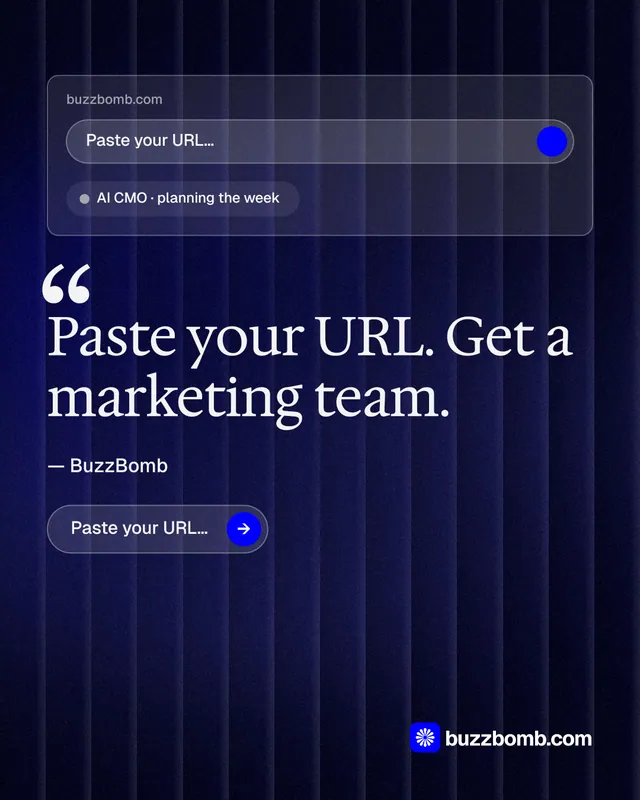 Instagram portrait post for BuzzBomb: "Paste your URL." Agentic glass style, quote layout, dark palette in black, blue, grey.
