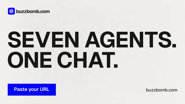 Landscape graphic for BuzzBomb: "Seven agents. One chat." Swiss style, poster layout, light palette in white, grey.