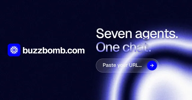 Social ad for BuzzBomb: "Seven agents. One chat." Agentic glass style, logo hero layout, dark palette in black, blue.