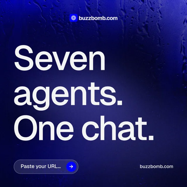 Instagram post for BuzzBomb: "Seven agents. One chat." Agentic glass style, poster layout, dark palette in blue, grey.