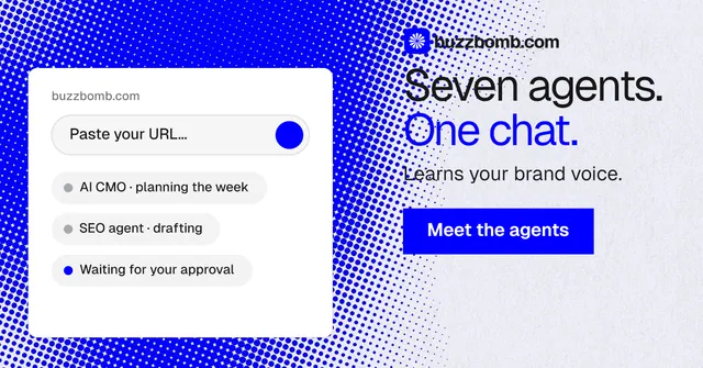Social ad for BuzzBomb: "Seven agents. One chat." Swiss style, skeleton layout, light palette in white, blue.