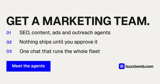 Social ad for BuzzBomb: "Get a marketing team." Swiss style, numbered layout, light palette in white, blue.