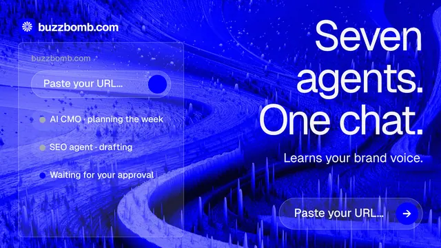 Landscape graphic for BuzzBomb: "Seven agents. One chat." Agentic glass style, right layout, dark palette in blue.