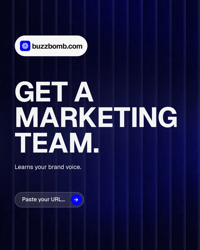 Instagram portrait post for BuzzBomb: "Get a marketing team." Agentic glass style, announce layout, dark palette in black, blue, grey.
