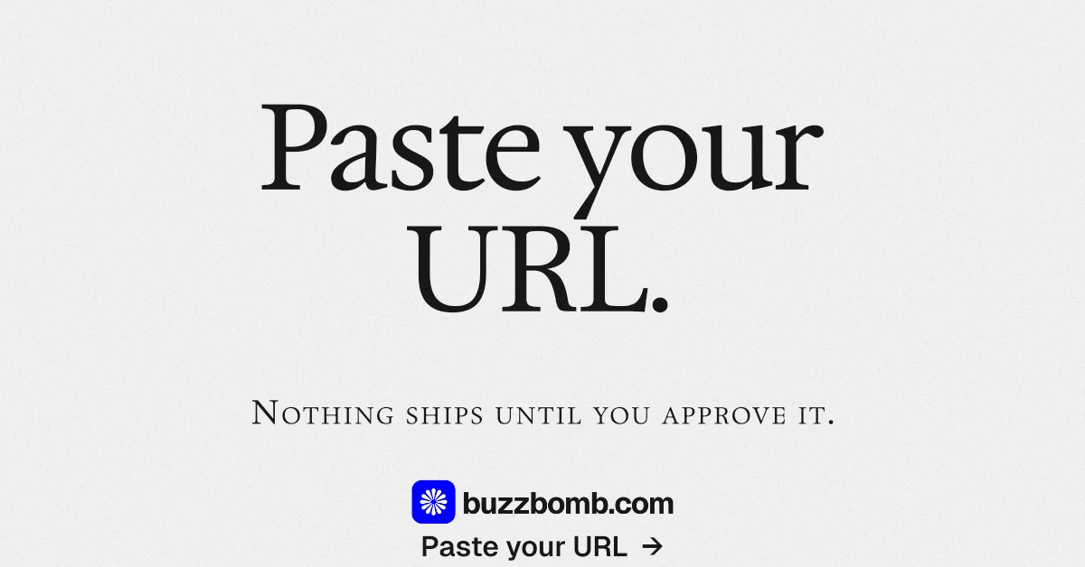 Social ad for BuzzBomb: "Paste your URL." Editorial style, smallcaps layout, light palette in white, grey.