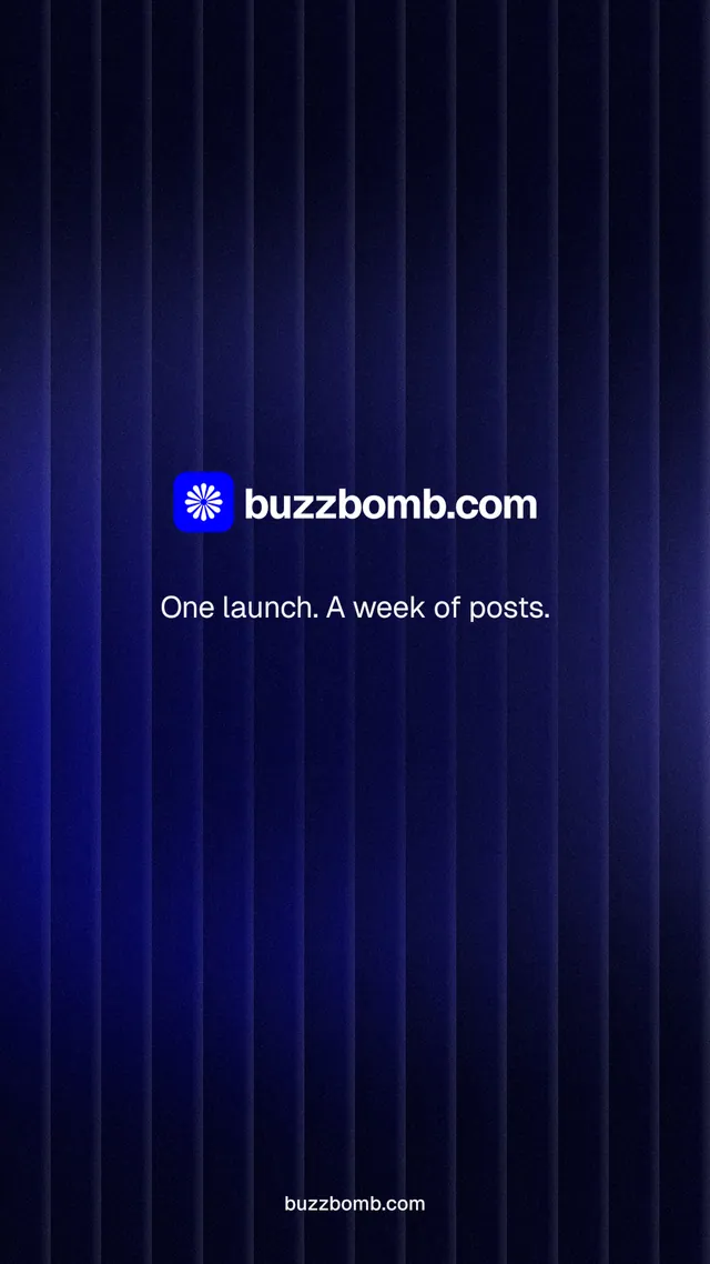 Instagram story for BuzzBomb: "One launch. A week of posts." Agentic glass style, end card layout, dark palette in black, blue.