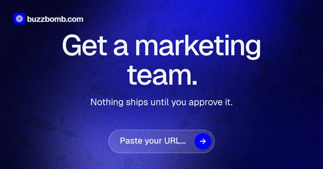 Social ad for BuzzBomb: "Get a marketing team." Agentic glass style, centred layout, dark palette in blue.