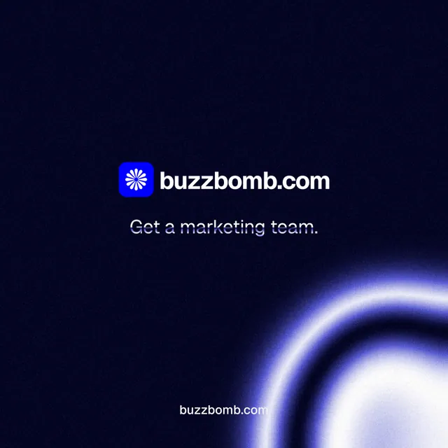 Instagram post for BuzzBomb: "Get a marketing team." Agentic glass style, end card layout, dark palette in black, blue.