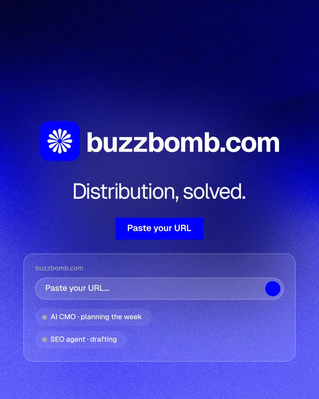 Instagram portrait post for BuzzBomb: "Distribution, solved." Swiss style, logo hero layout, dark palette in blue.