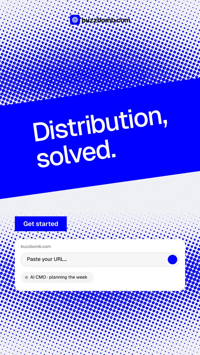 Instagram story for BuzzBomb: "Distribution, solved." Split block style, diagonal layout, light palette in blue, white.