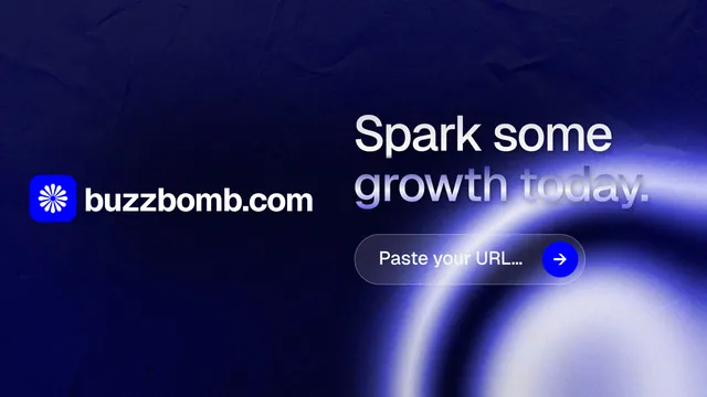Landscape graphic for BuzzBomb: "Spark some growth today." Agentic glass style, logo hero layout, dark palette in blue, black.