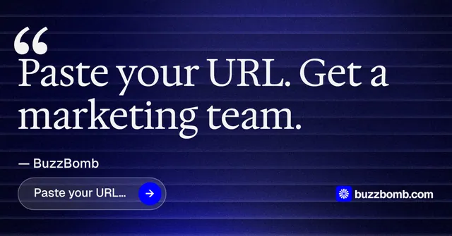 Social ad for BuzzBomb: "Your AI marketing team." Agentic glass style, quote layout, dark palette in blue, black, grey.