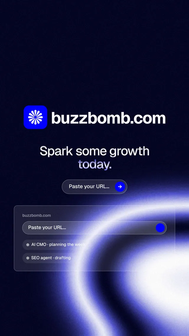 Instagram story for BuzzBomb: "Spark some growth today." Agentic glass style, logo hero layout, dark palette in black, blue.