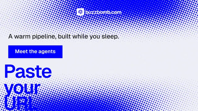 Landscape graphic for BuzzBomb: "Your AI marketing team." Swiss style, oversized layout, light palette in blue, white.