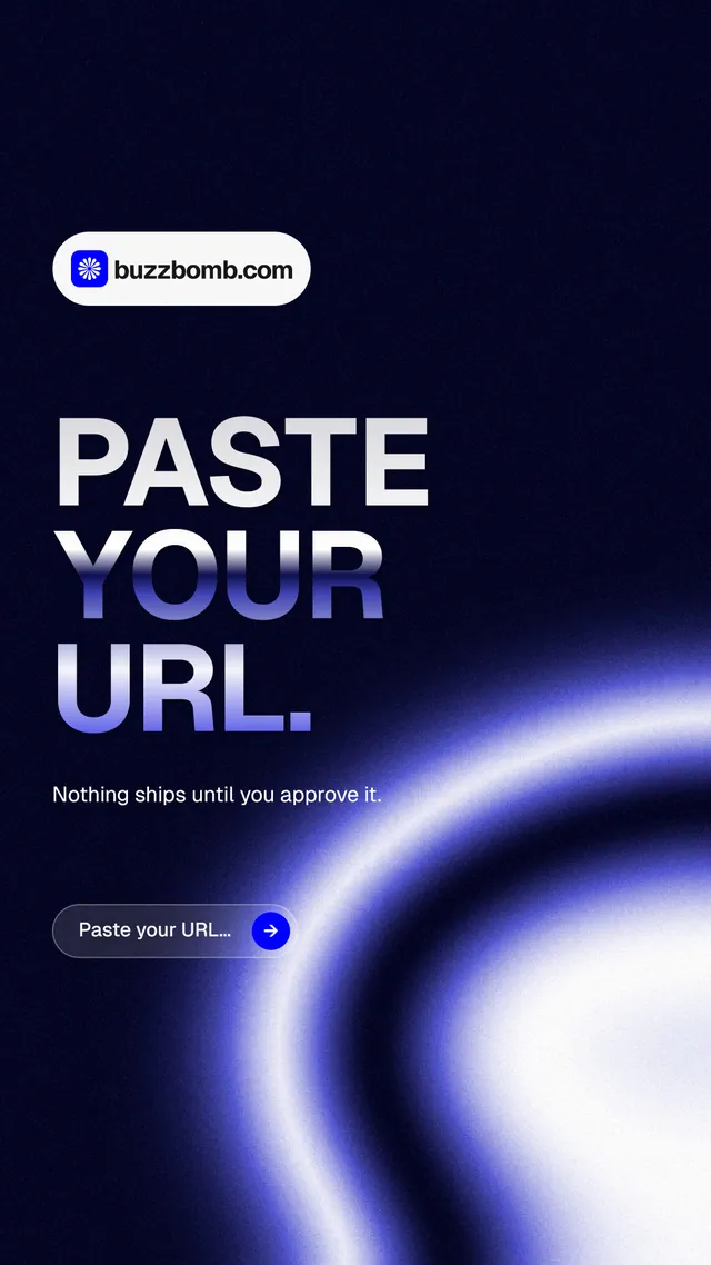 Instagram story for BuzzBomb: "Paste your URL." Agentic glass style, announce layout, dark palette in black, blue.