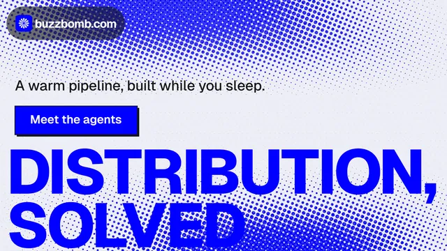 Landscape graphic for BuzzBomb: "Distribution, solved." Brutalist style, oversized layout, light palette in blue, white.
