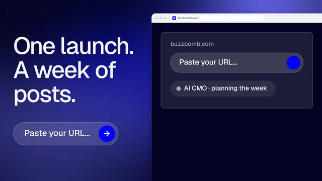 Landscape graphic for BuzzBomb: "One launch. A week of posts." Agentic glass style, browser layout, dark palette in black, blue.