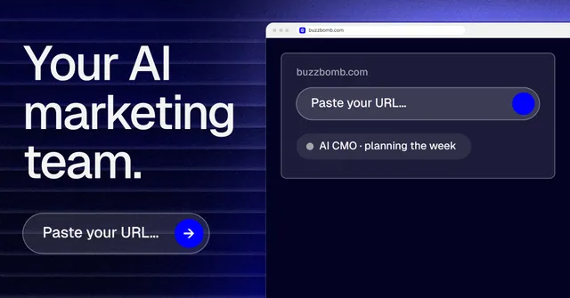 Social ad for BuzzBomb: "Your AI marketing team." Agentic glass style, browser layout, dark palette in blue, black, grey.