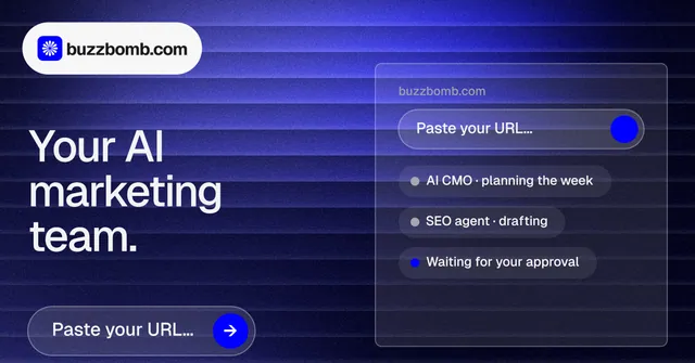 Social ad for BuzzBomb: "Your AI marketing team." Agentic glass style, bottom layout, dark palette in blue.